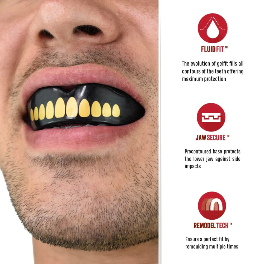 Paradenti Safejawz Goldie nero e oro per rugby, con tecnologia FluidFit e Jaw Secure.