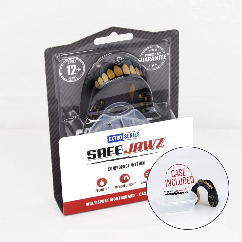Paradenti per adulti Safejawz Goldie: paradenti multi-sport nero e oro con custodia, perfetto per il rugby e altri sport di contatto.