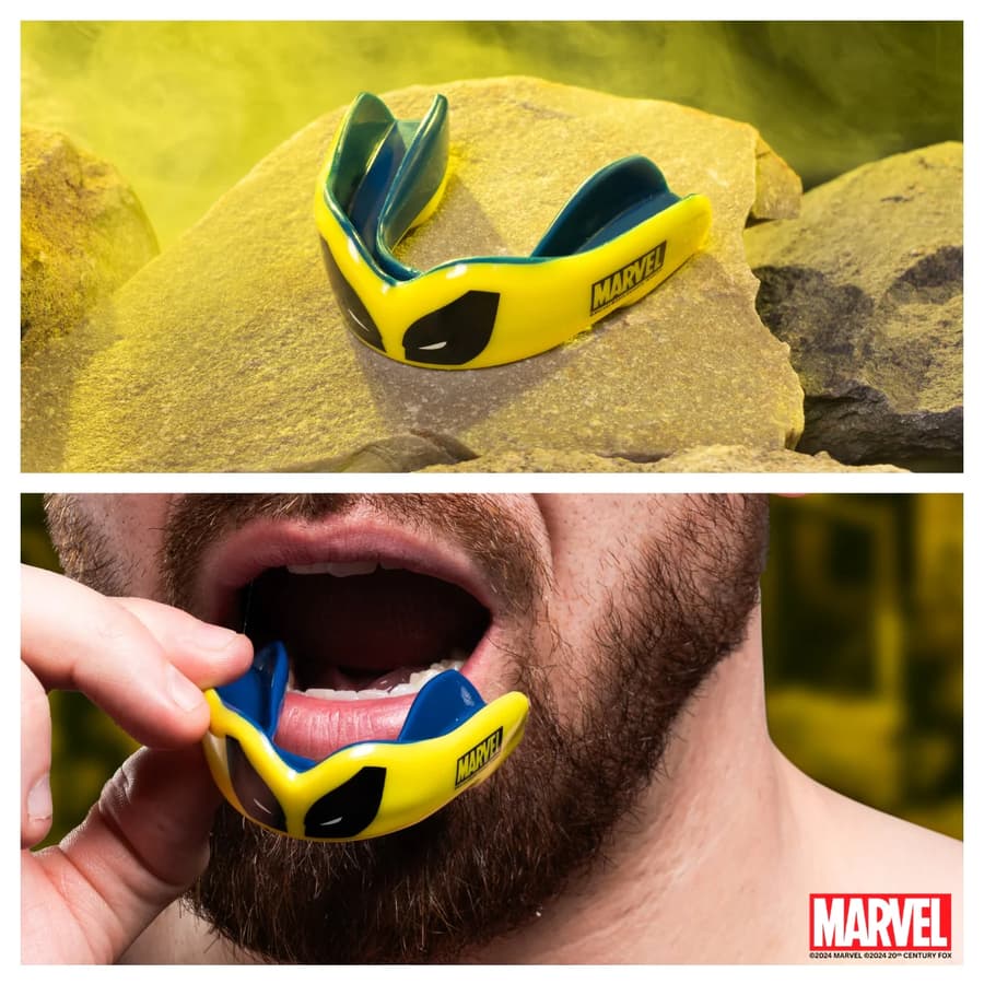 Paradenti Safejawz Marvel Wolverine giallo e blu, design iconico.
