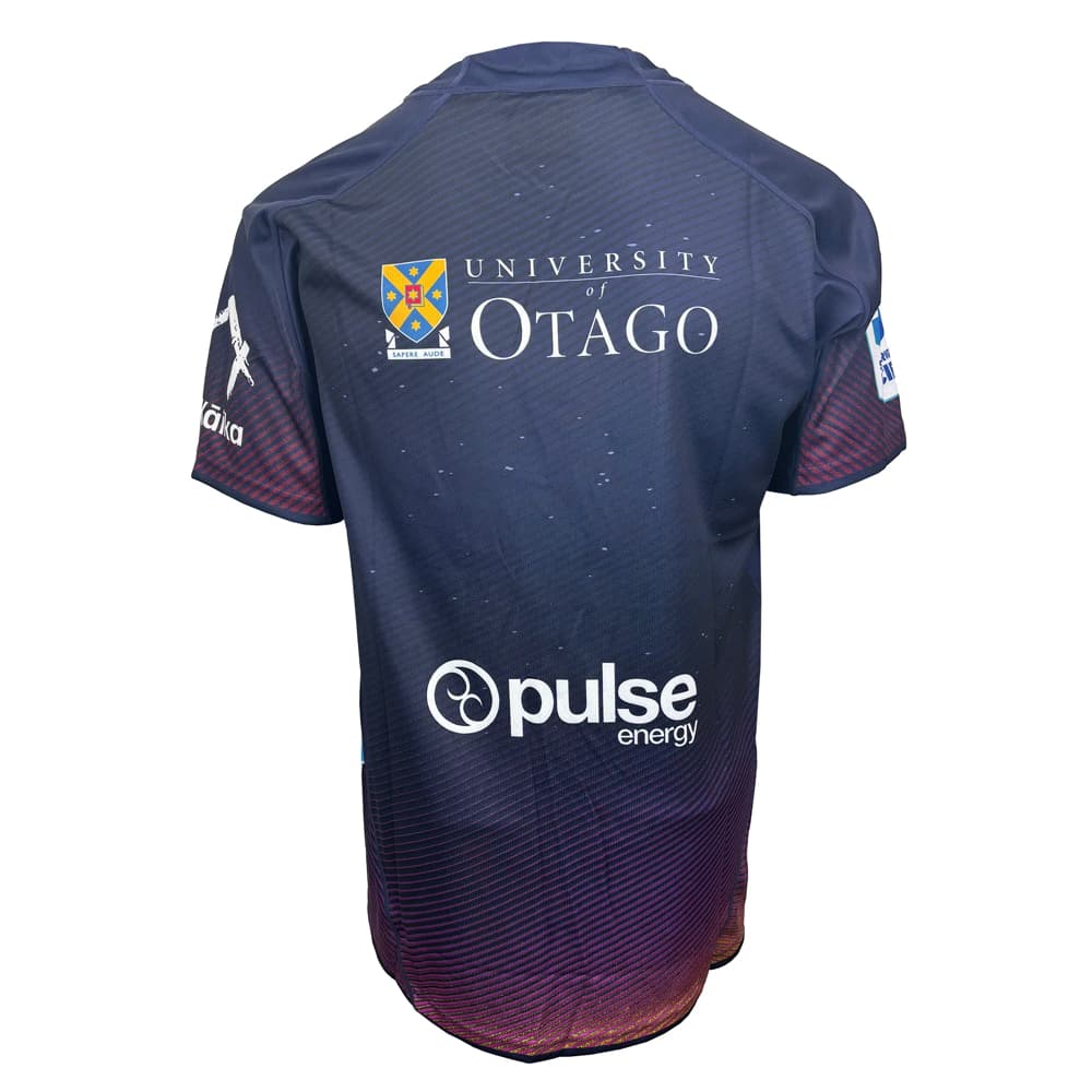 Maglia da rugby degli Highlanders: maglia da allenamento Super Rugby Pacific 2024-25, blu navy con design sfumato, con i loghi dell'Università di Otago e della Pulse Energy.