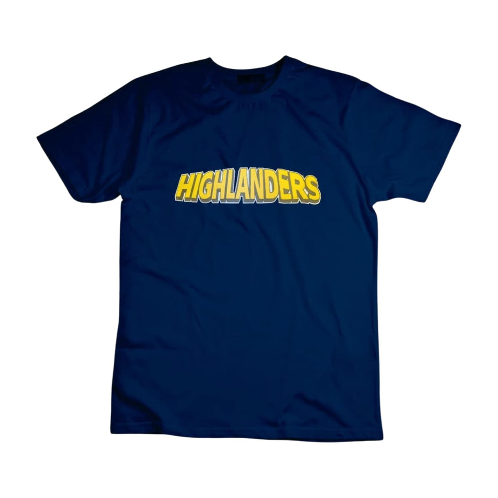 Maglietta ufficiale degli Highlanders Rugby: maglietta in cotone blu navy con logo giallo "Highlanders". Super Rugby Pacific.