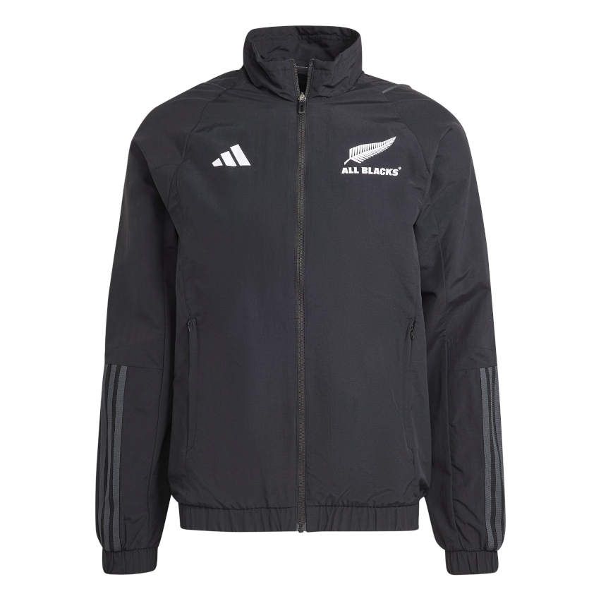 Tuta da presentazione All Blacks Rugby Adidas nera, modello 2023-24, con logo e strisce iconiche.