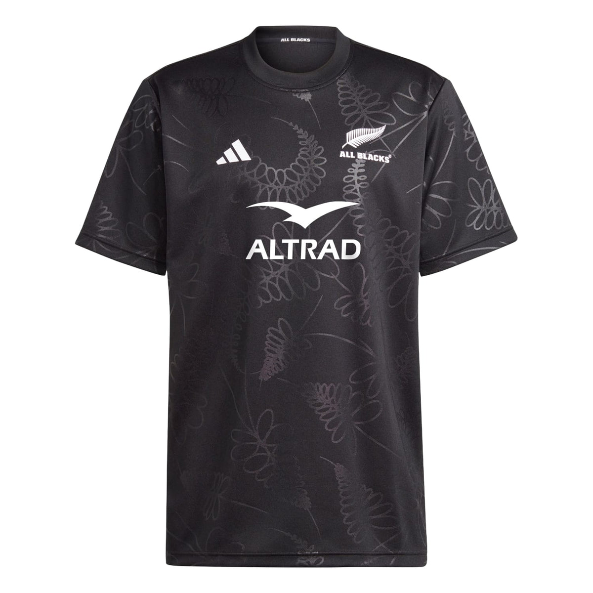 Maglia supporter All Blacks nera in poliestere con pattern floreale tono su tono.