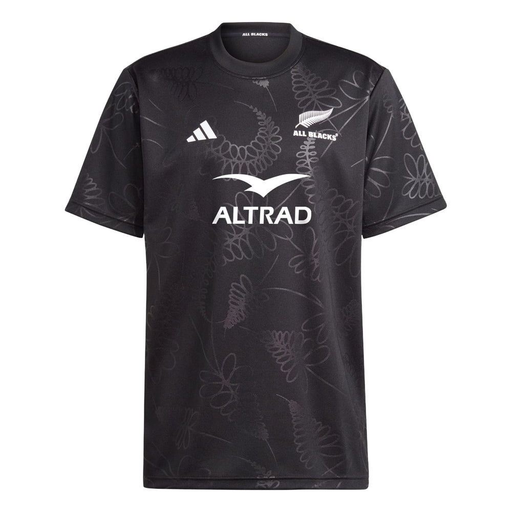 Maglia supporter All Blacks nera in poliestere con pattern floreale tono su tono.