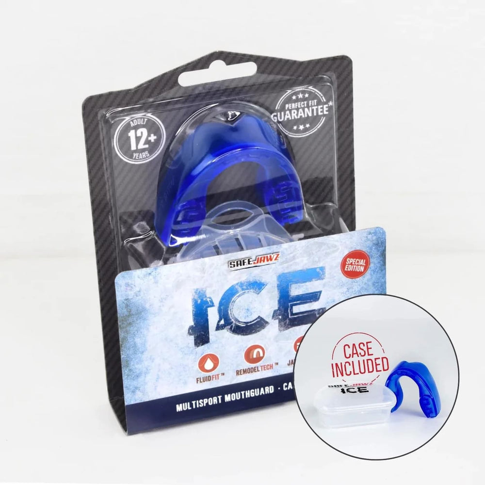 Paradenti Safejawz ICE: paradenti multi-sport blu per rugby e altri sport. Include custodia protettiva.