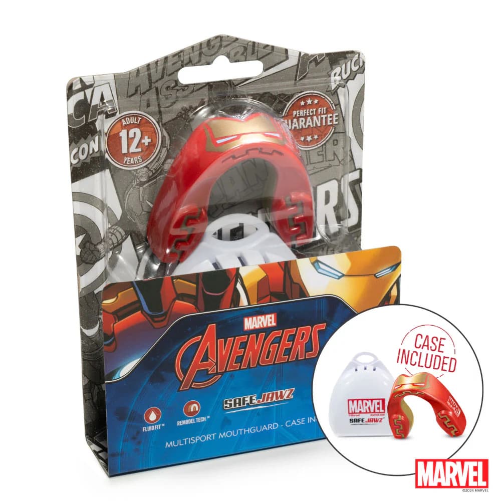Paradenti SafeJawz Marvel Iron Man rosso, per adulti, con custodia.