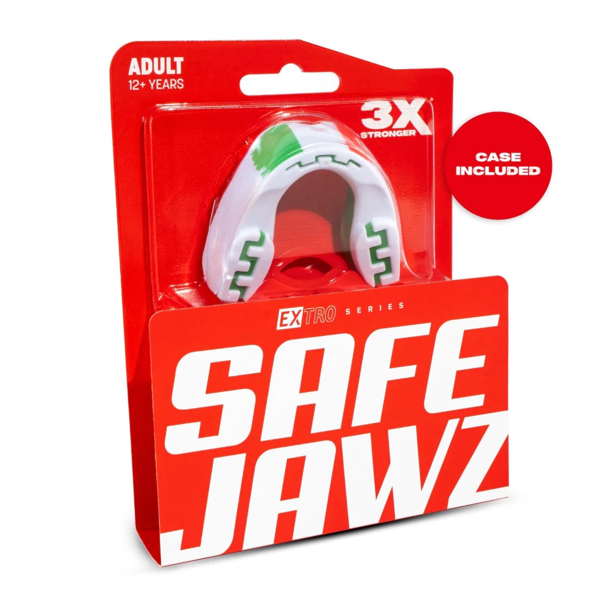 Paradenti Safejawz Extro Series bianco e verde, 3X più resistente, per adulti.