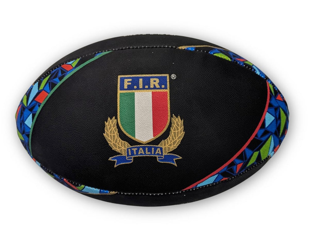 Pallone Rugby Italia Supporter: Black rugby ball featuring the Italian flag, FIR logo, and Sei Nazioni design.  Perfect for Italian rugby fans.
