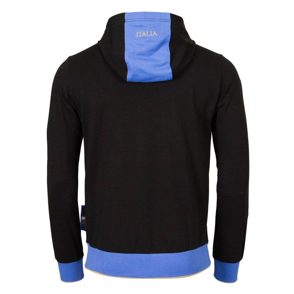 Felpa nera con cappuccio Italia Rugby, dettaglio blu sul cappuccio e fondo.