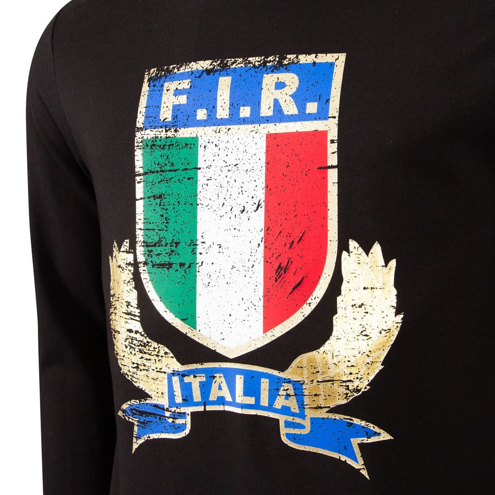 Felpa nera con stemma FIR e scritta Italia, perfetta per i tifosi di rugby.