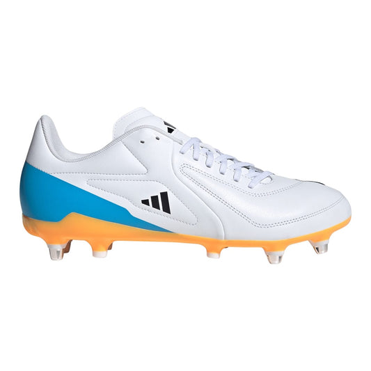 Scarpino da rugby Adidas RS-15 Elite bianco, suola arancione e dettagli blu.