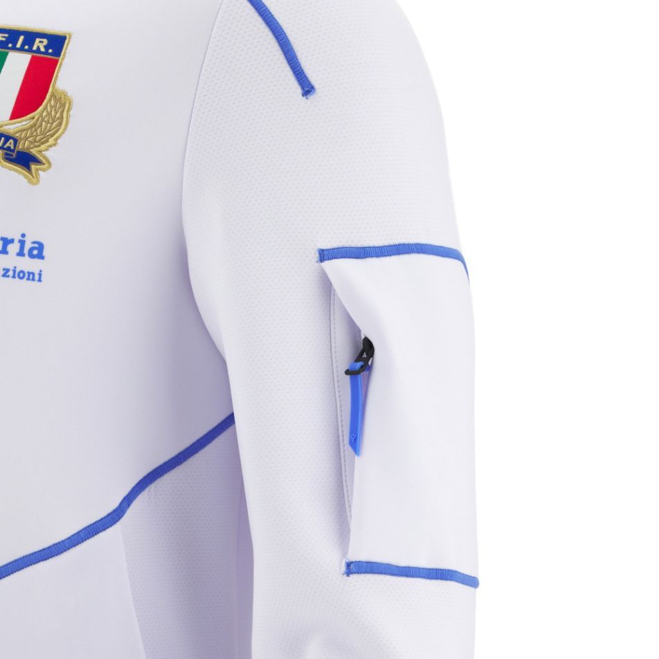 Felpa rugby Italia Kanak Zip Lunga bianca con stemma FIR e tasca laterale con zip blu.