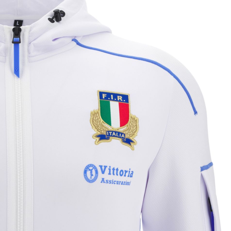 Felpa bianca da uomo Italia Rugby Kanak con zip lunga, logo FIR e sponsor Vittoria Assicurazioni.