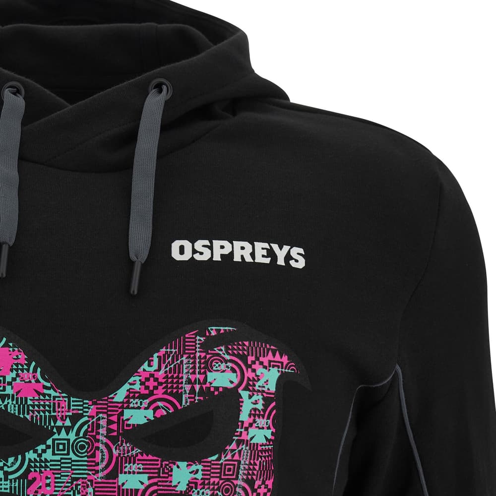 Felpa rugby Ospreys Macron nera con cappuccio e grafica colorata sul davanti.