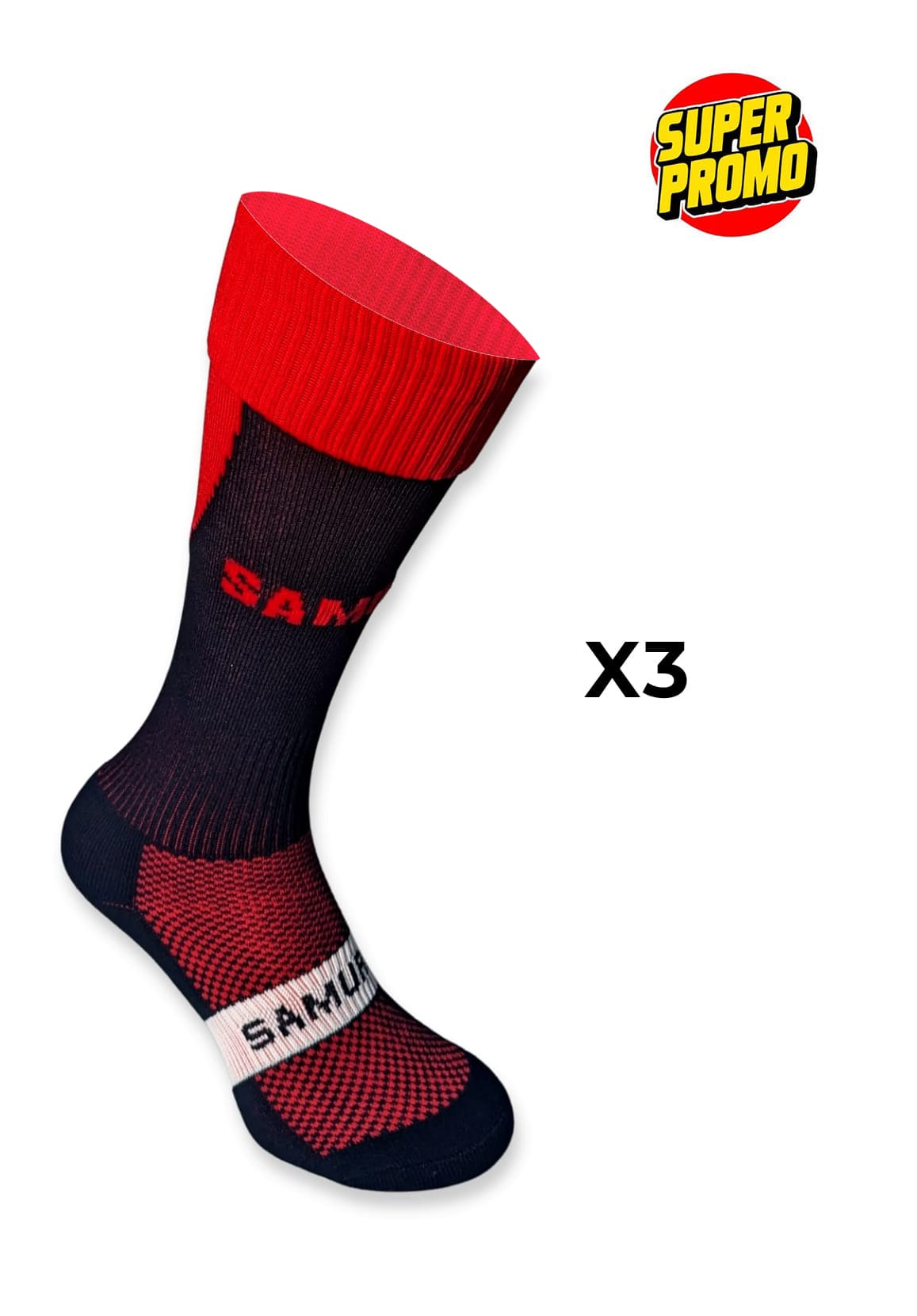 Calzini da rugby professionali Samurai: confezione da 3 paia. Design nero e rosso.