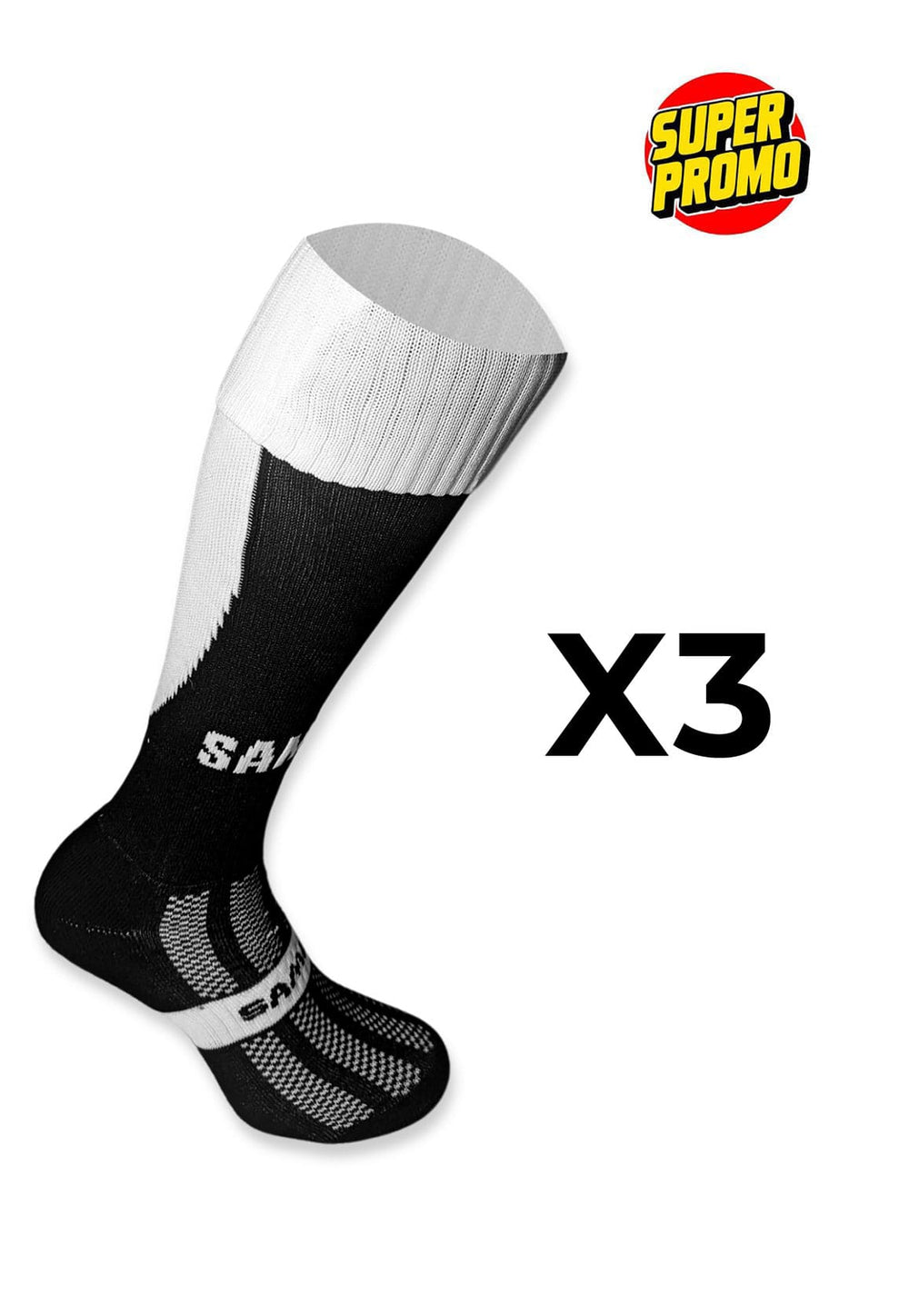 Pack 3 paia calze rugby Samurai Tri Nation nero e bianco, con logo visibile.