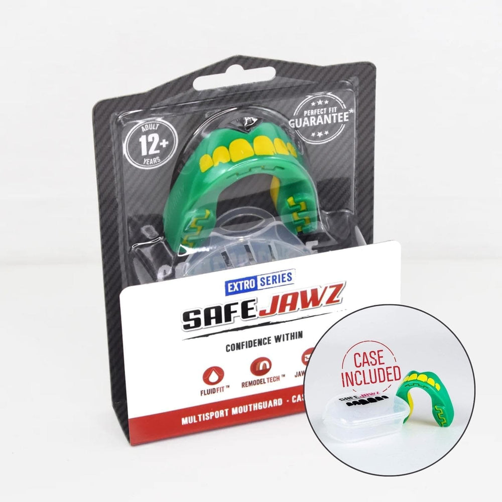 Paradenti Safejawz OGRE verde e giallo per adulti, modello Orco con custodia.