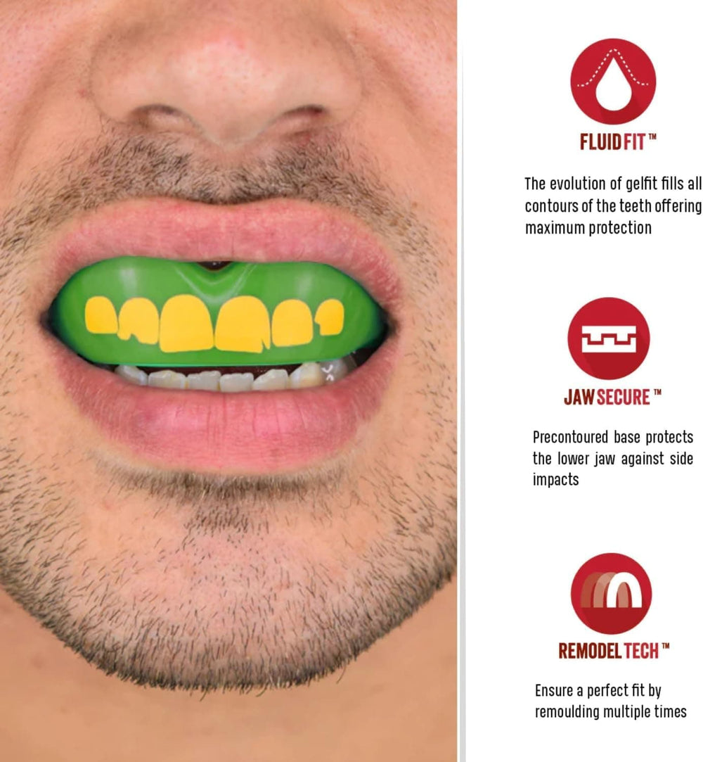 Paradenti Safejawz OGRE Orco per rugby e sport: paradenti personalizzato verde e giallo per una protezione ottimale di denti e mascella.
