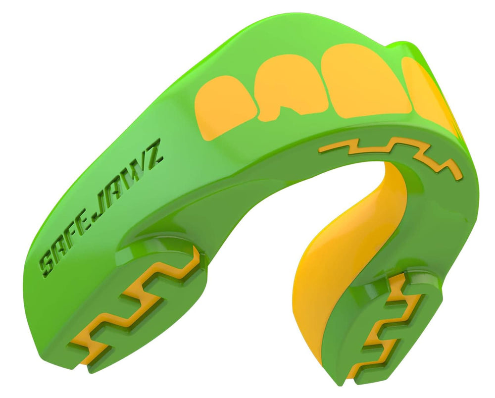 Paradenti Safejawz OGRE verde e arancione per rugby, design a bocca aperta.