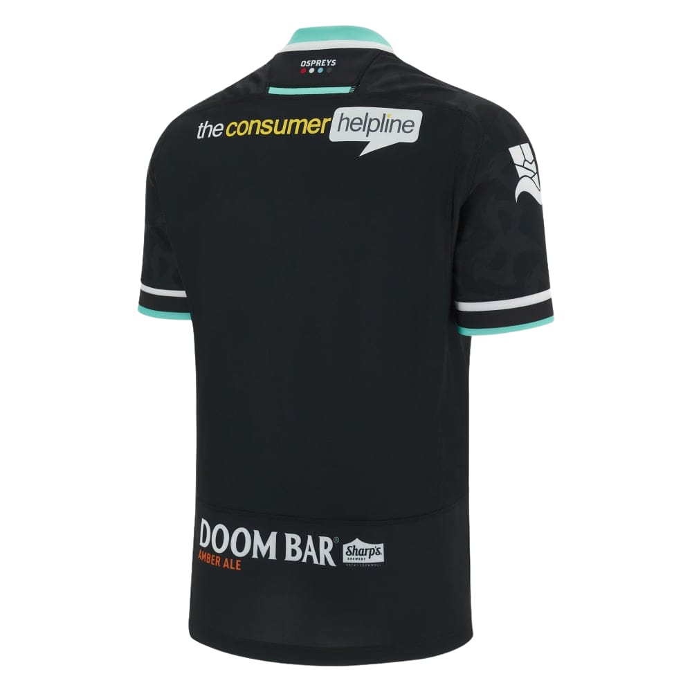 Maglia da rugby Ospreys 2024 Home: maglia da rugby nera, vista posteriore, con i loghi degli sponsor.