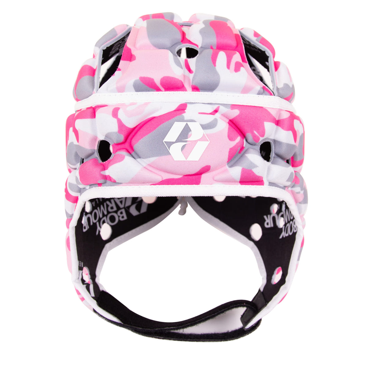 Caschetto da rugby Body Armour rosa camouflage, ventilato e protettivo.