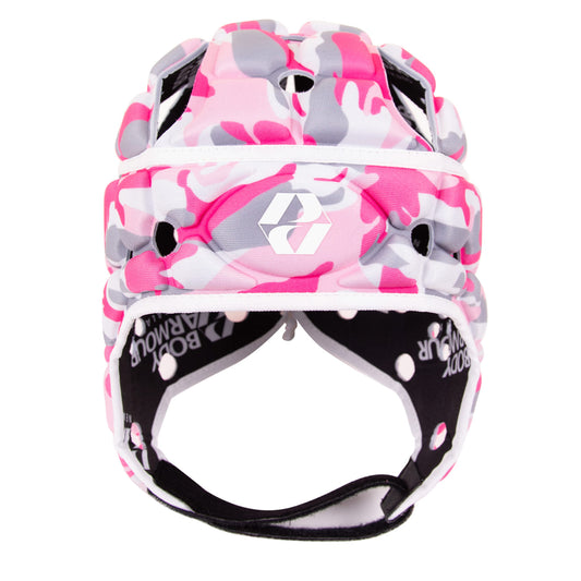 Caschetto da rugby Body Armour rosa camouflage, ventilato e protettivo.