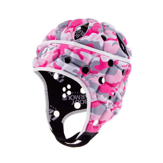 Caschetto da rugby Body Armour Ventilator rosa camouflage, con fori di ventilazione.