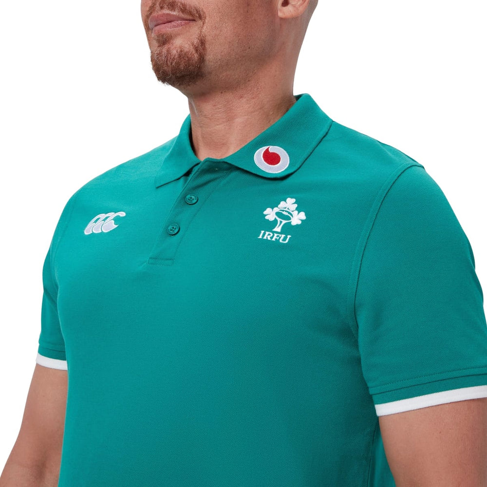 Polo da rugby ufficiale Irlanda, verde, con stemma IRFU e logo Canterbury.