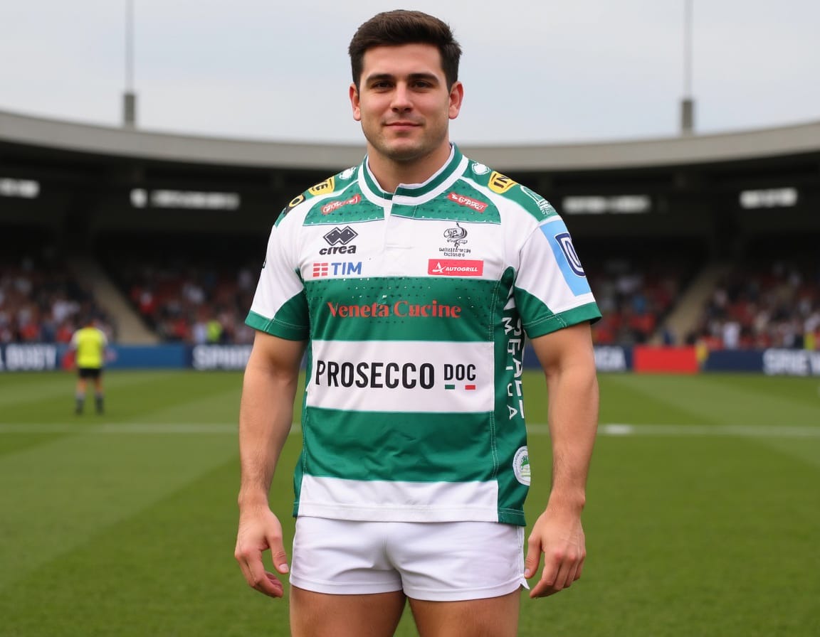 Maglia da rugby Benetton Treviso ufficiale Errea a strisce verdi e bianche con logo.