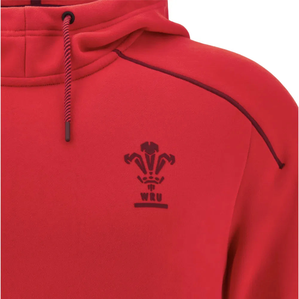 Felpa rossa da uomo WRU con cappuccio, logo Galles e dettagli athleisure.