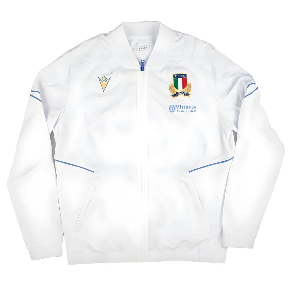 Giacca da viaggio bianca da uomo FIR Italia Rugby Macron con zip lunga e logo.