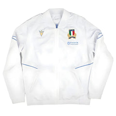 Giacca da viaggio bianca da uomo FIR Italia Rugby Macron con zip lunga e logo.