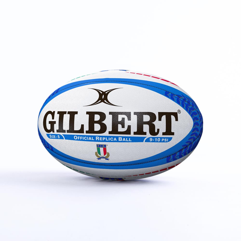 Pallone da rugby Gilbert Italia Replica FIR, taglia 5, colore bianco con dettagli blu e rossi.