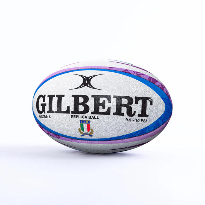 Pallone da rugby replica Gilbert Italia-Scozia, misura 5, bianco con dettagli blu e viola.