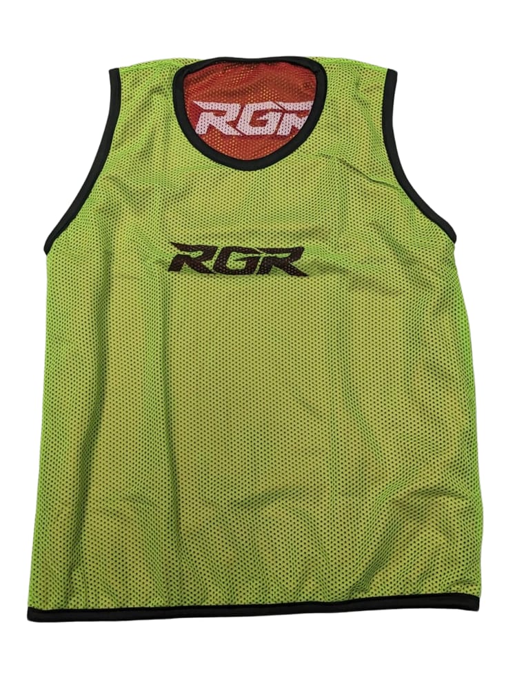 Gilet da allenamento Fratino Double Face RGR Rugby: gilet in rete verde lime con finiture nere e logo RGR