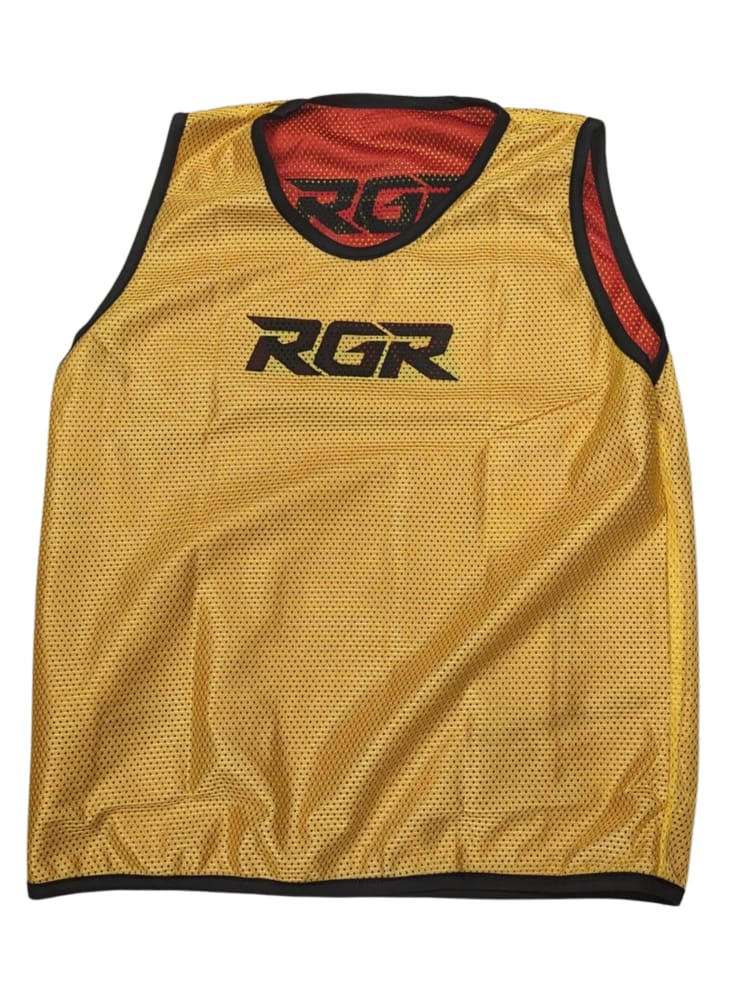 Gilet da allenamento Fratino Double Face RGR Rugby: gilet in rete dorata con finiture nere e logo RGR