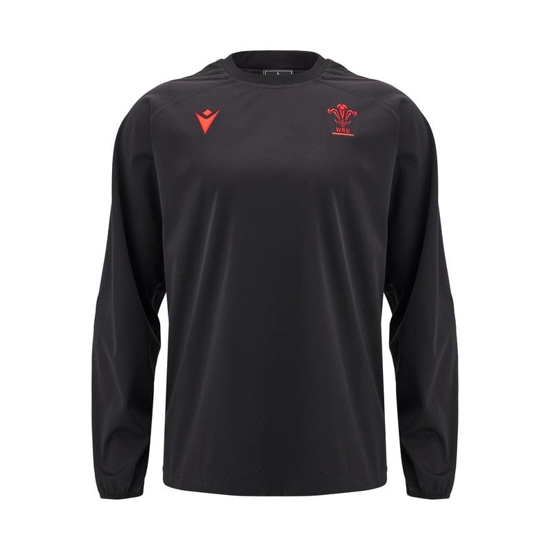 Top da allenamento Macron Galles Rugby nero con logo rosso.