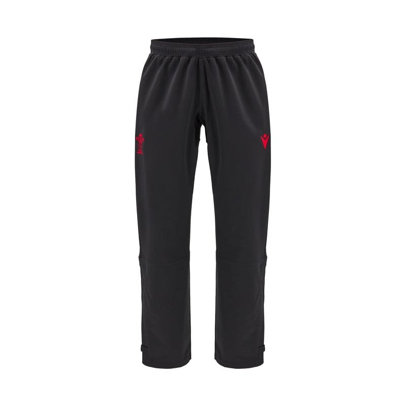 Pantaloni da allenamento rugby Galles Macron neri con logo rosso.