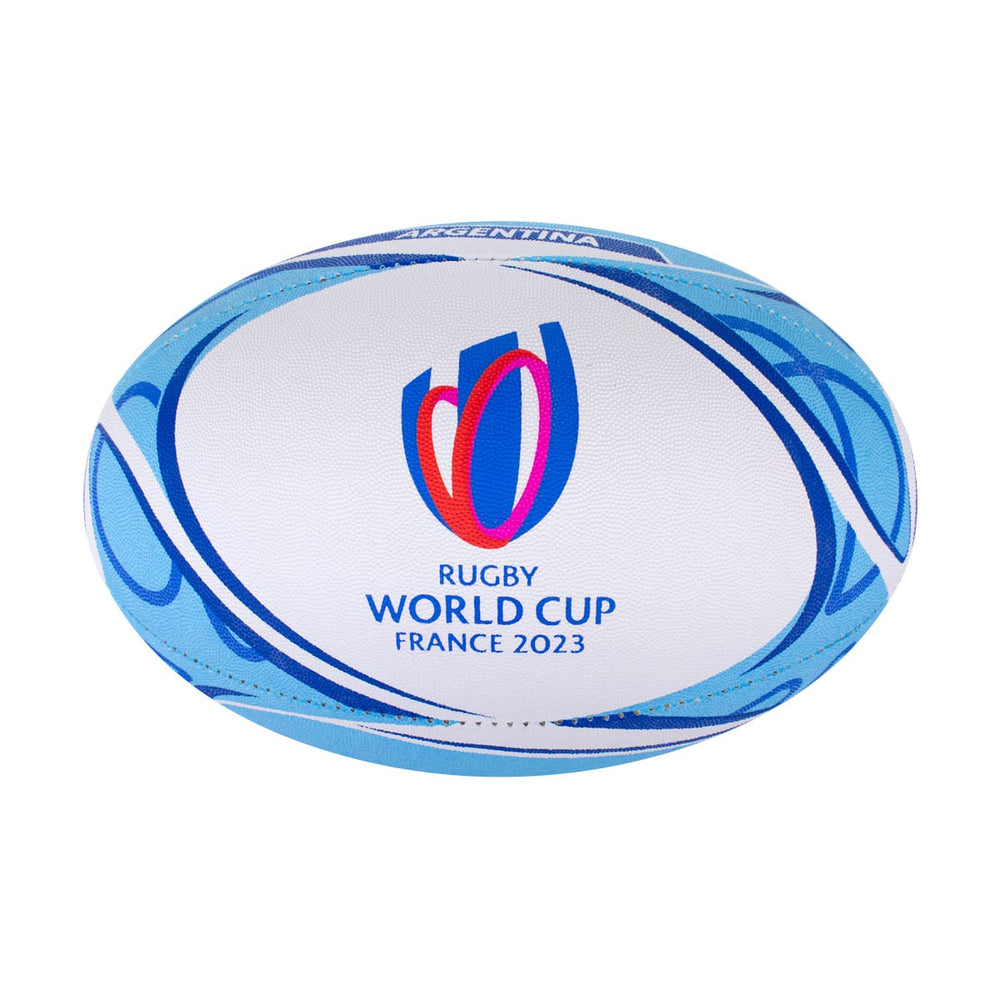 Pallone da rugby Gilbert Rugby World Cup France 2023, design Argentina, colori bianco e azzurro.