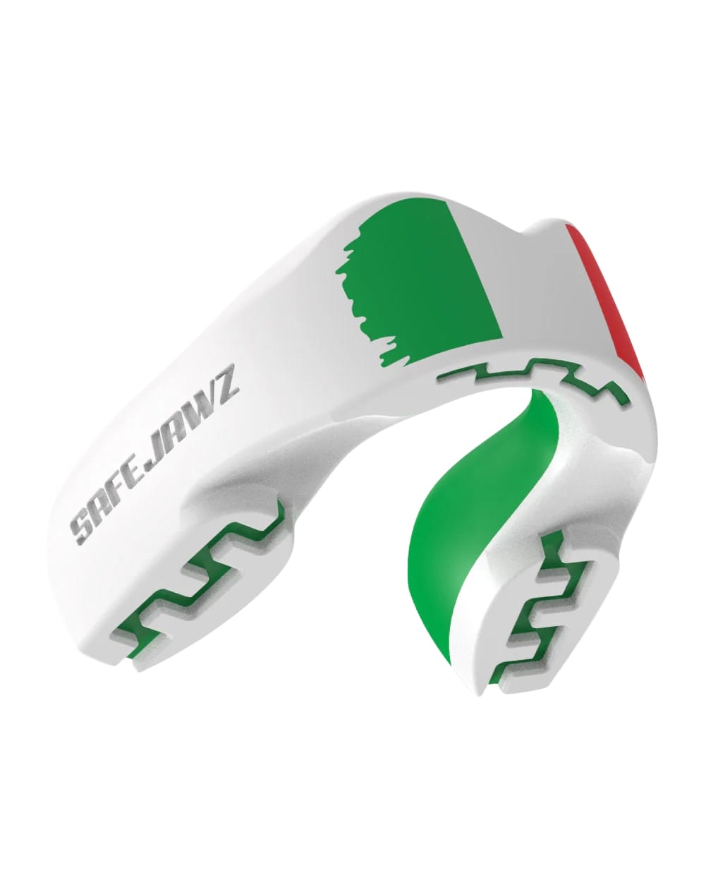 Paradenti Safejawz Italia per rugby e sport, design bianco con bandiera italiana.