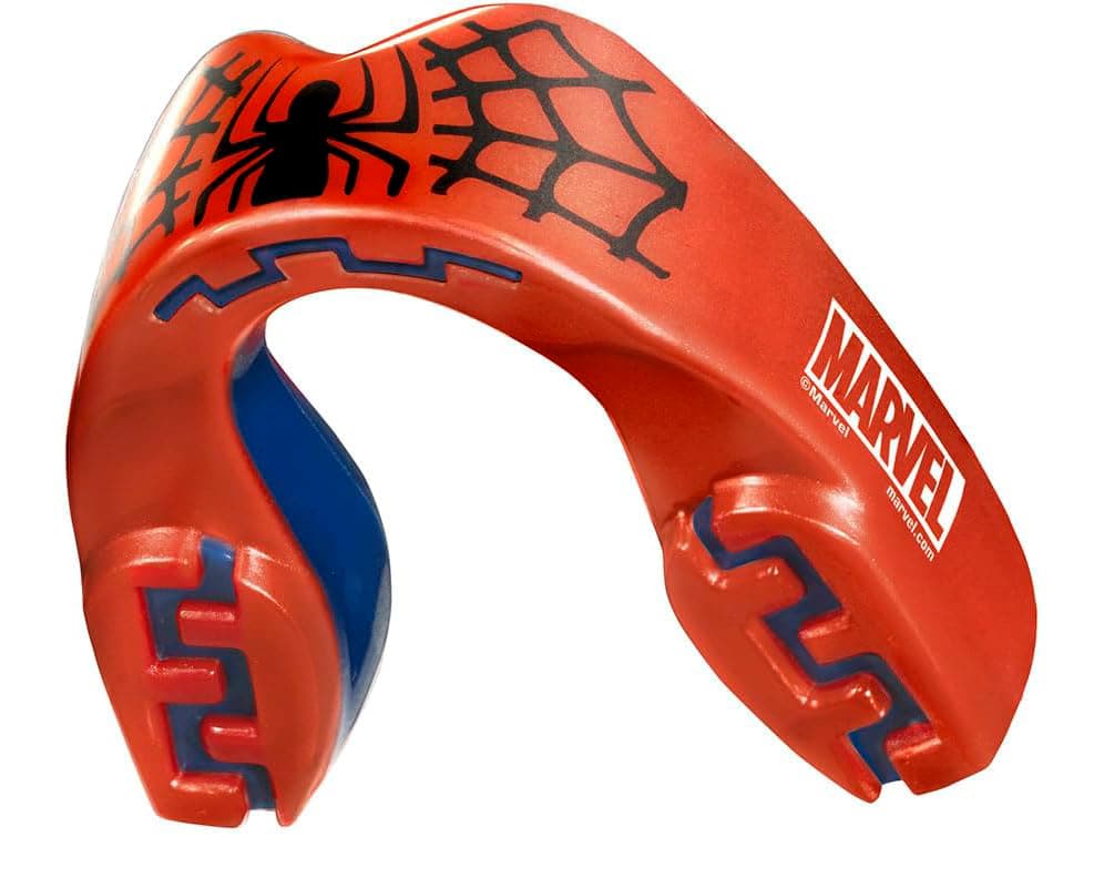 Paradenti SafeJawz Spider-Man rosso e blu con ragnatela e logo Marvel.