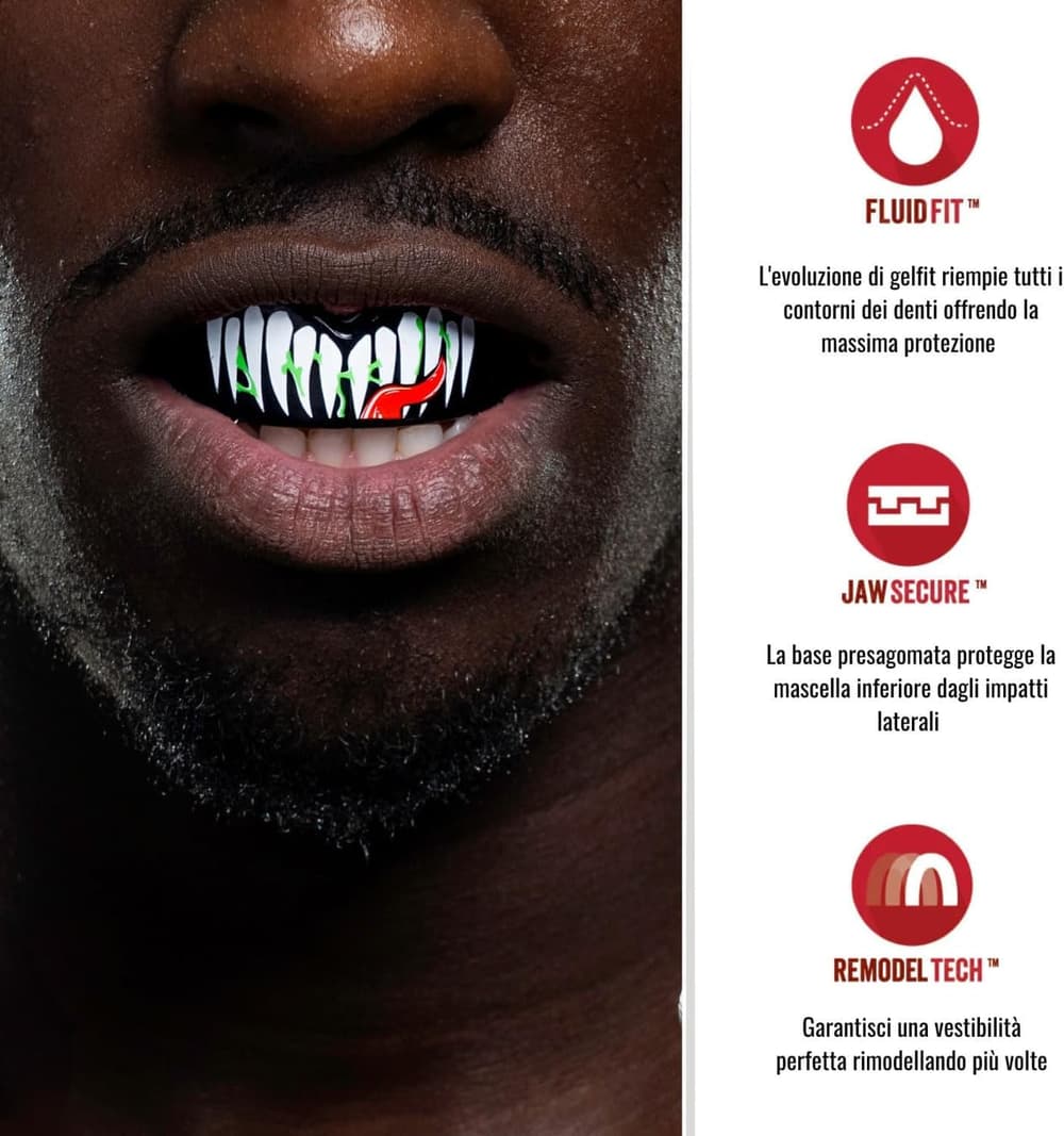 Paradenti SafeJawz Marvel Venom con design denti bianchi e rossi.