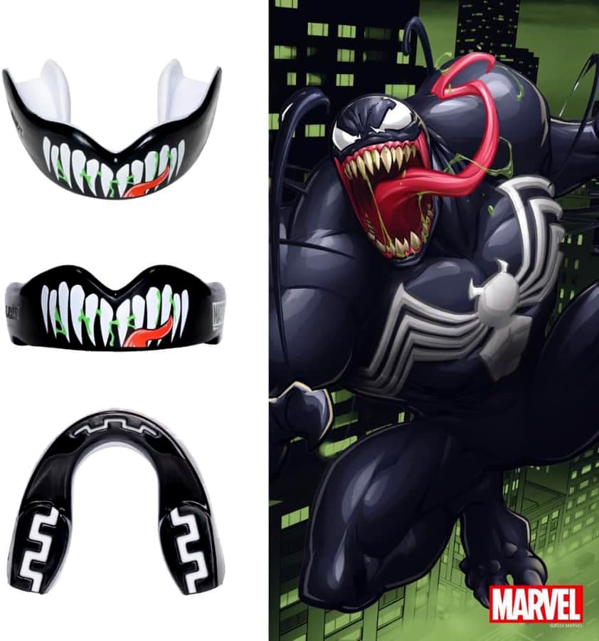 Paradenti SafeJawz Marvel Venom, nero con design denti affilati e lingua rossa.