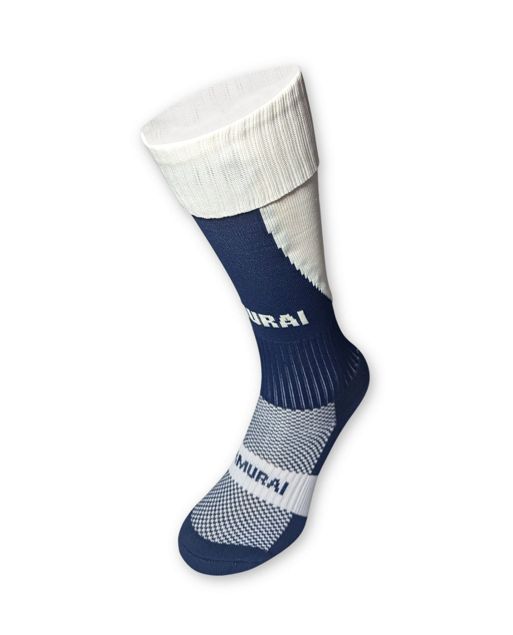 Calza da rugby professionale Samurai Tri Nation blu e bianco con logo visibile.