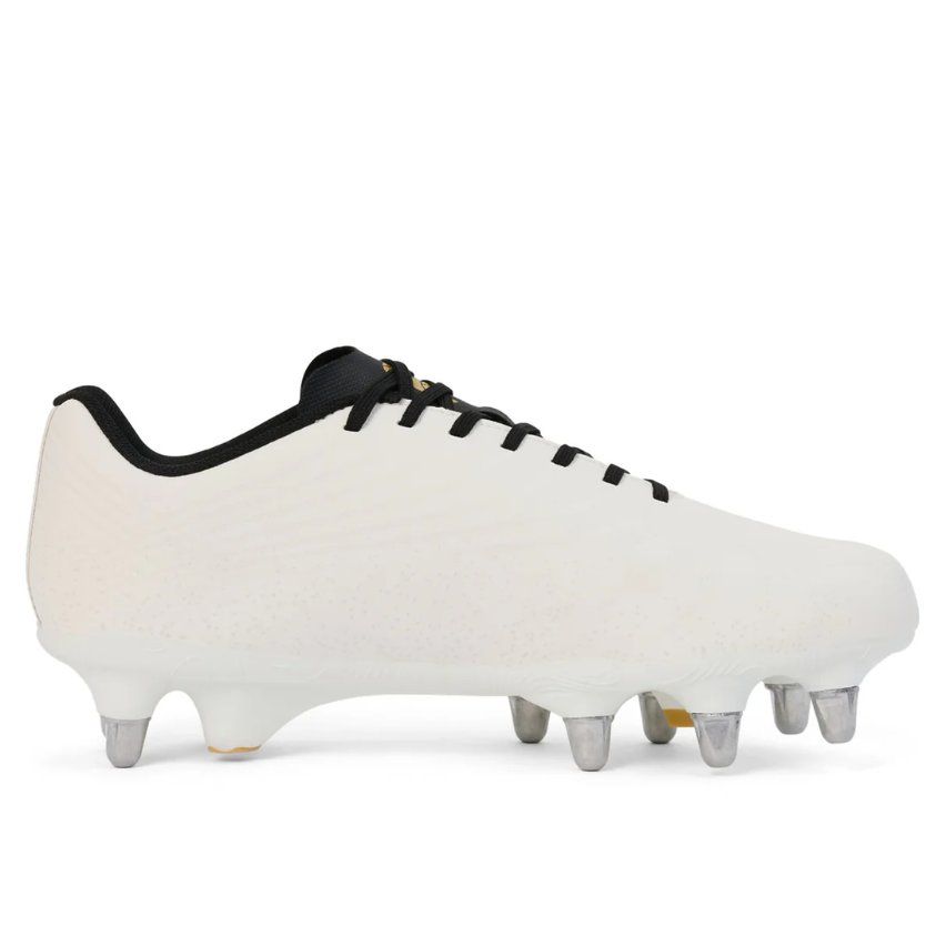 Scarpino da rugby Canterbury Stampede GroundBreak bianco con tacchetti in metallo.