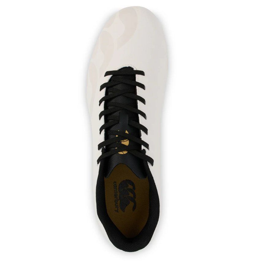 Scarpino da rugby Canterbury Stampede GroundBreak bianco con lacci neri.