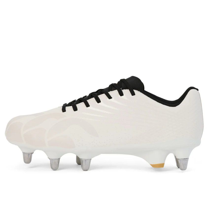 Scarpino da rugby Canterbury Stampede bianco con tacchetti in metallo.