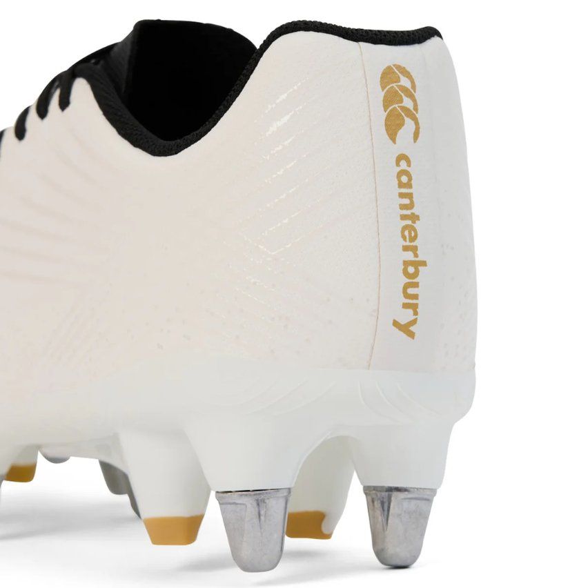 Scarpini da rugby Canterbury Stampede GroundBreak bianchi con tacchetti in metallo.