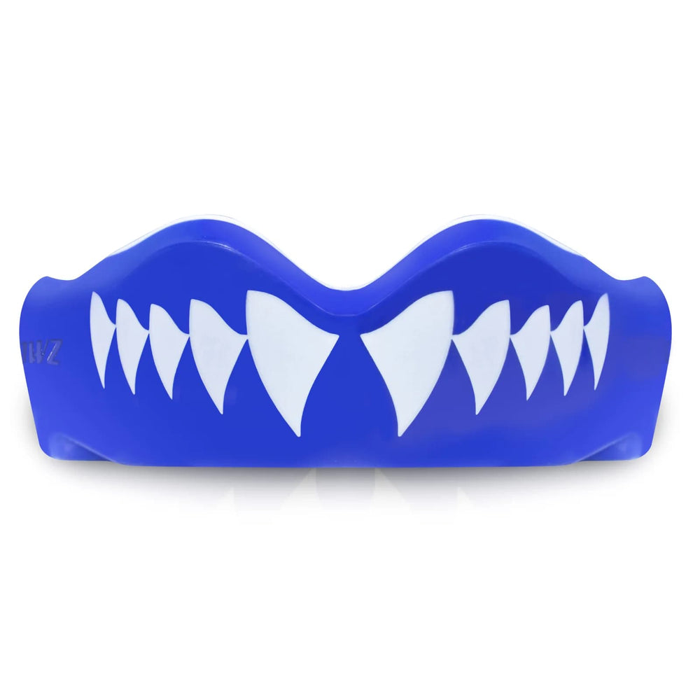 Paradenti Safejawz Shark Rugby: paradenti blu con esclusivo design a denti di squalo per una protezione superiore durante l'attività sportiva.
