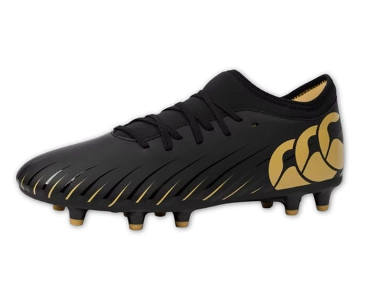 Scarpino da rugby Canterbury Speed Falcon nero con dettagli dorati.